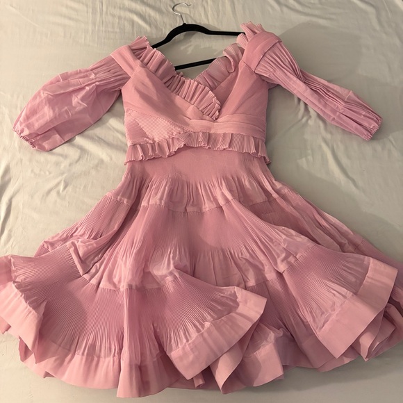 Zimmermann Pink Off-Shoulder Ruffled Pleated Mini Dress Size US 6 - Picture 2 of 7